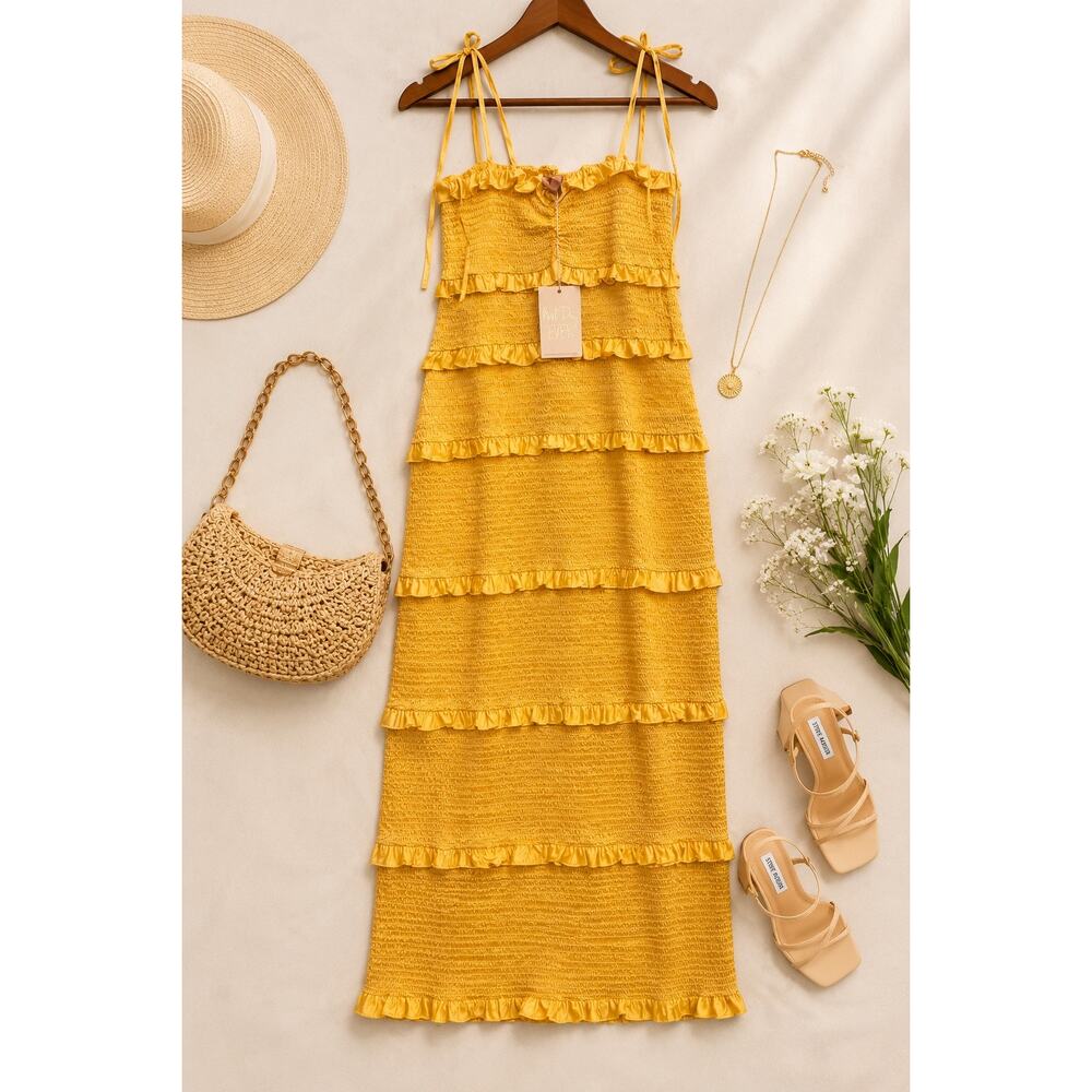 Show Me Your Mumu Stella Smocked Yellow Luxe Satin M Dress Ruffle Tiered Wedding